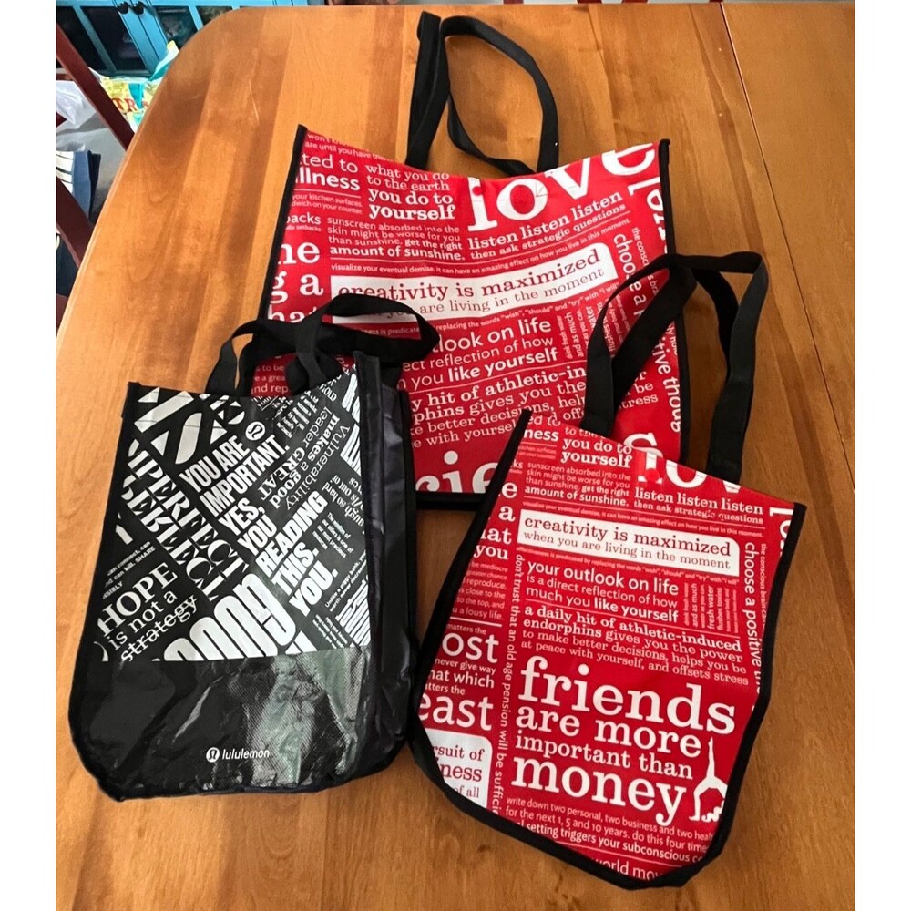 Lululemon Reusable Shopping Tote Bag Set of 3 Red Black White Snap Closure
